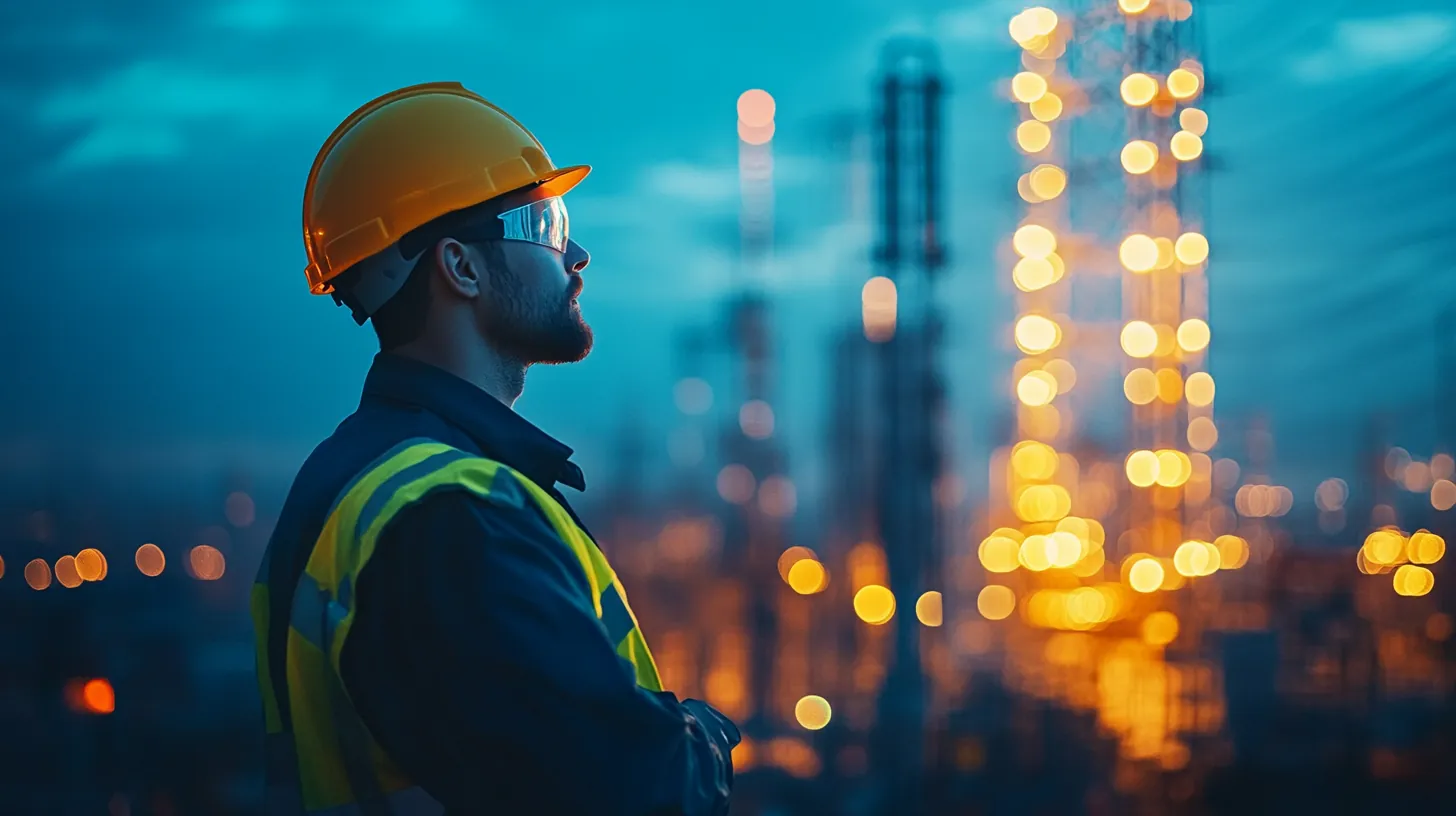 Profissional com capacete e EPI diante de uma torre de energia ao entardecer