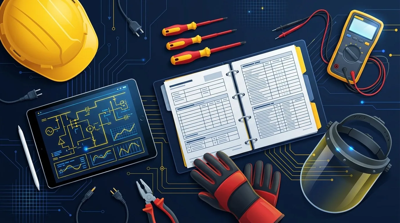 Mesa de trabalho com tablet, pasta de registros, multímetro, luvas isolantes, protetor facial e capacete, representando a documentação e os EPIs exigidos pela nova NR-10