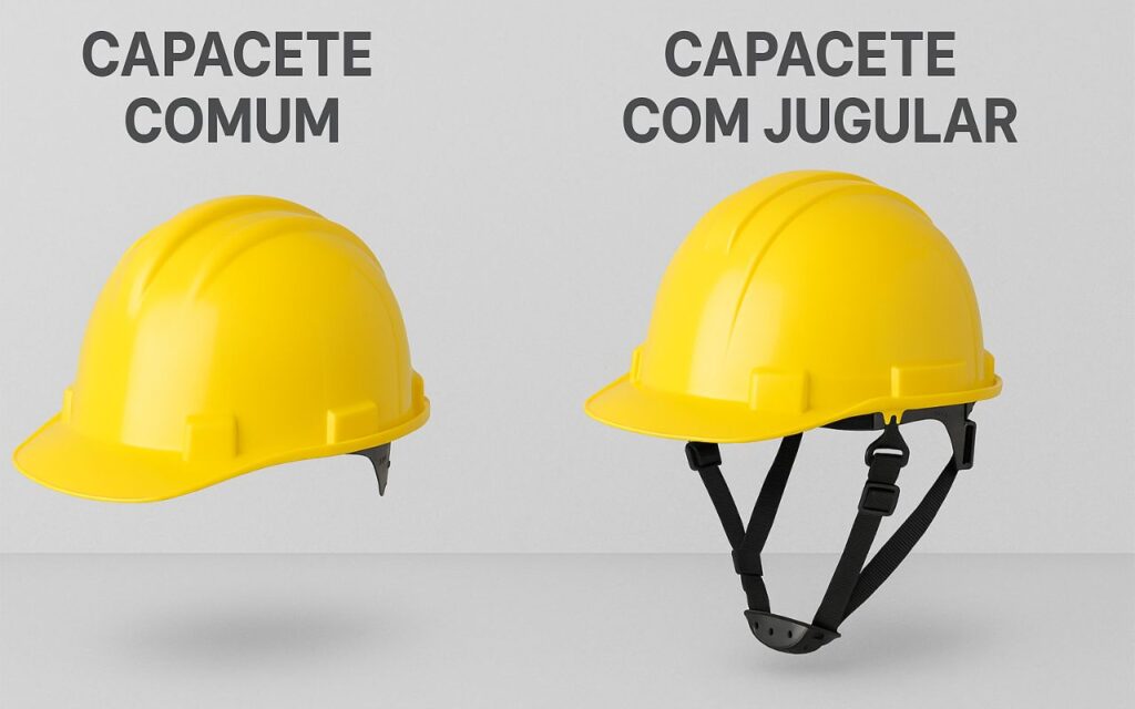 Ilustração de trabalhador usando cinturão tipo paraquedista, talabarte e trava-quedas em linha vertical rígida, com setas e rótulos explicativos.
