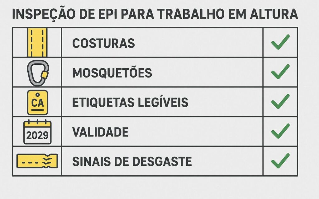 Tabela com checklist visual para EPIs, incluindo costuras, mosquetões, etiquetas legíveis, validade e sinais de desgaste.