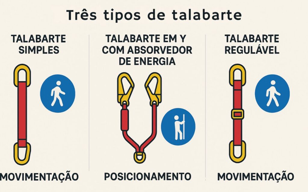 Infográfico mostrando talabarte simples, talabarte em Y com absorvedor de energia e talabarte regulável, com ícones de movimentação e posicionamento.
